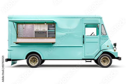 Pastel blue, turquoise food truck side view isolated on white background