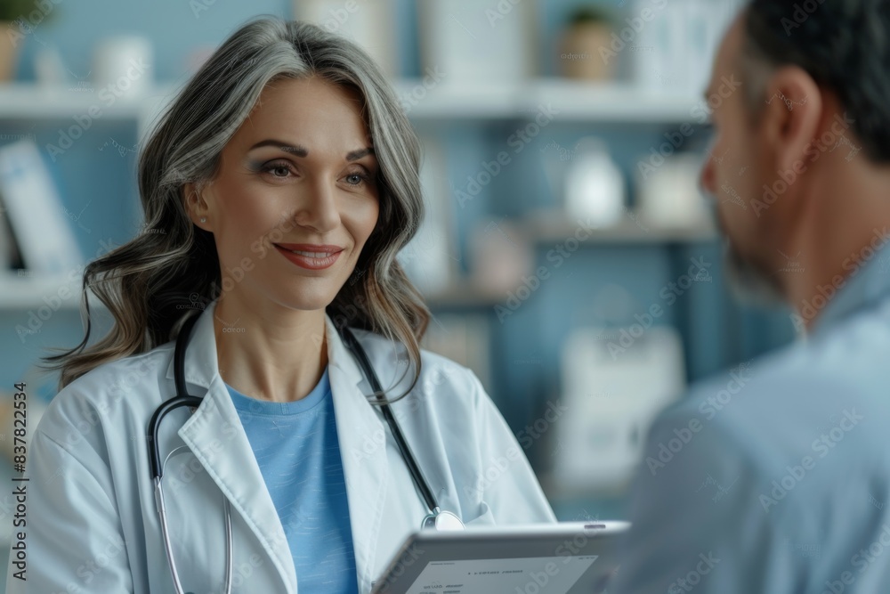 Female in white coat conversing with physician Female in white coat conversing with physician