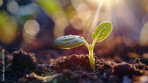  A young plant emerges from the earth, sunlight filtering through its leaves on the opposite side In the plant's midst, dirt prevails photo