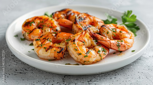 Close up grilled shrimp served on white plate and grey concrete background, delicious and healthy seafood.