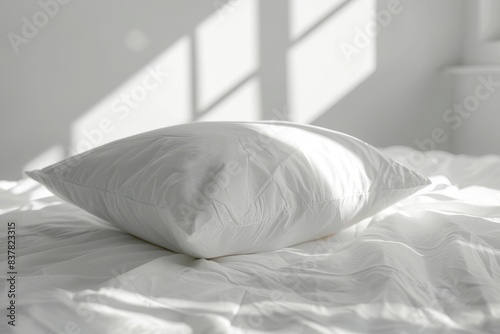 A soft white pillow on a bed with sunlight streaming through a window