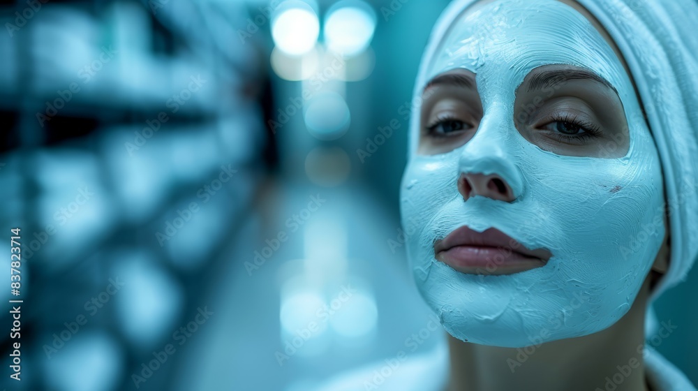 A woman, towel-covered head and masked face, stands before rows of shelved shelves in a store A woman, towel-covered head and masked face, stands before rows of shelved shelves in a store