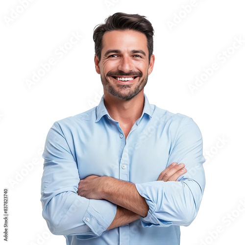 Handsome smiling business man in blue shirt standing with crossed arms, isolated on white background