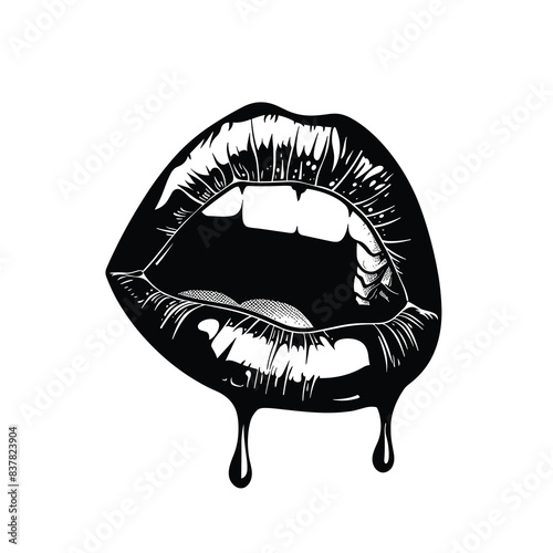 Full lips dripping black ink, representing sensuality voice dripping emotion. Bold lipstick voluptuous mouth, black liquid spilling over lip line suggests overflowing passion words. Graphic white