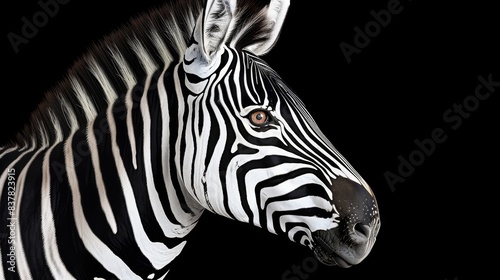  A tight shot of a zebra s head against a black backdrop  light illuminating its left side