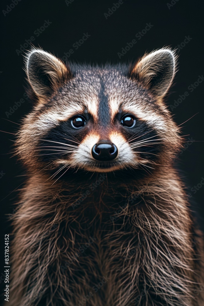 Mystic portrait of Common Raccoon in studio, copy space on right side, Anger, Menacing, Headshot, Close-up View Isolated on black background Mystic portrait of Common Raccoon in studio, copy space on right side, Anger, Menacing, Headshot, Close-up View Isolated on black background