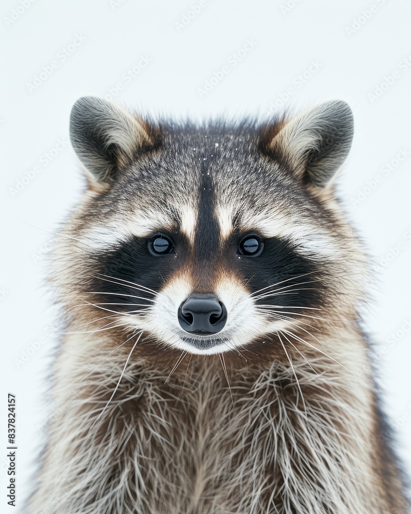 Mystic portrait of Common Raccoon , copy space on right side, Anger, Menacing, Headshot, Close-up View Isolated on white background