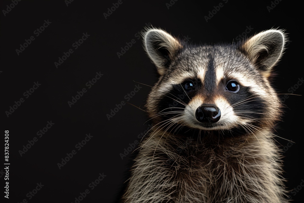 Mystic portrait of Common Raccoon in studio, copy space on right side, Anger, Menacing, Headshot, Close-up View Isolated on black background