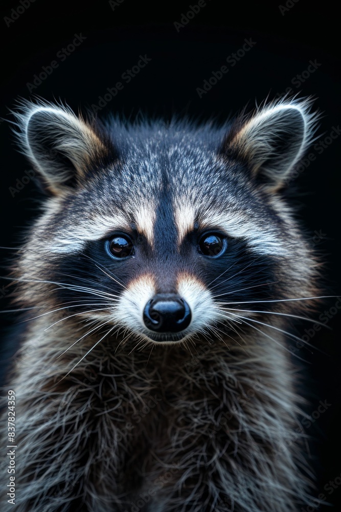 Mystic portrait of Common Raccoon in studio, copy space on right side, Anger, Menacing, Headshot, Close-up View Isolated on black background Mystic portrait of Common Raccoon in studio, copy space on right side, Anger, Menacing, Headshot, Close-up View Isolated on black background