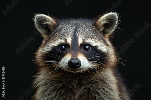 Mystic portrait of Common Raccoon in studio, copy space on right side, Anger, Menacing, Headshot, Close-up View Isolated on black background