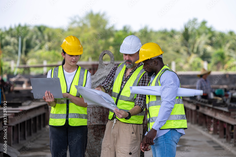 Engineer or foreman worker architecture safety uniform survey at structure building site blueprint and notebook check detail and measure of common work is building architecture business concept. Engineer or foreman worker architecture safety uniform survey at structure building site blueprint and notebook check detail and measure of common work is building architecture business concept.