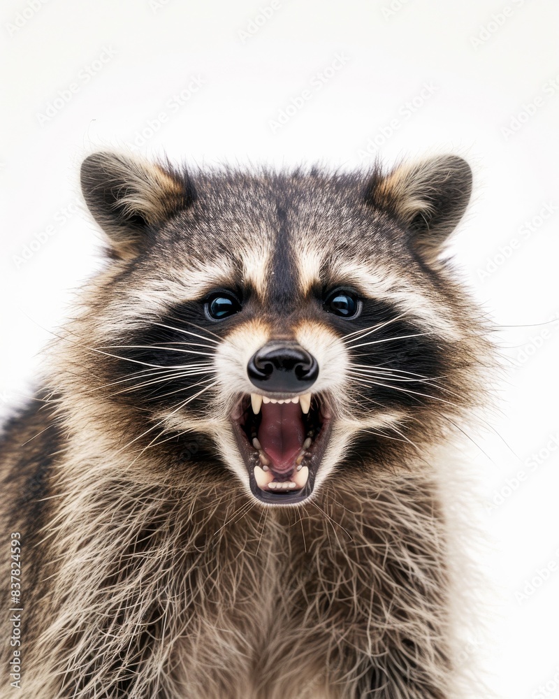 Mystic portrait of Cozumel Raccoon , copy space on right side, Anger, Menacing, Headshot, Close-up View Isolated on white background Mystic portrait of Cozumel Raccoon , copy space on right side, Anger, Menacing, Headshot, Close-up View Isolated on white background