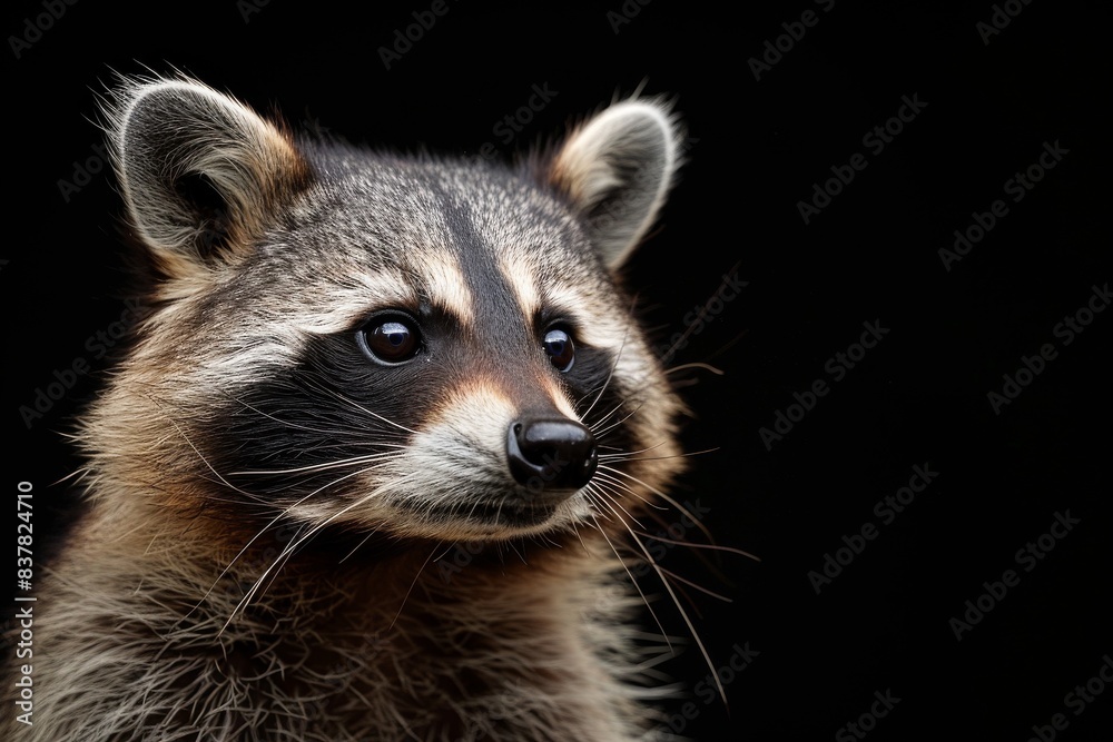 Mystic portrait of Cozumel Raccoon in studio, copy space on right side, Anger, Menacing, Headshot, Close-up View Isolated on black background Mystic portrait of Cozumel Raccoon in studio, copy space on right side, Anger, Menacing, Headshot, Close-up View Isolated on black background