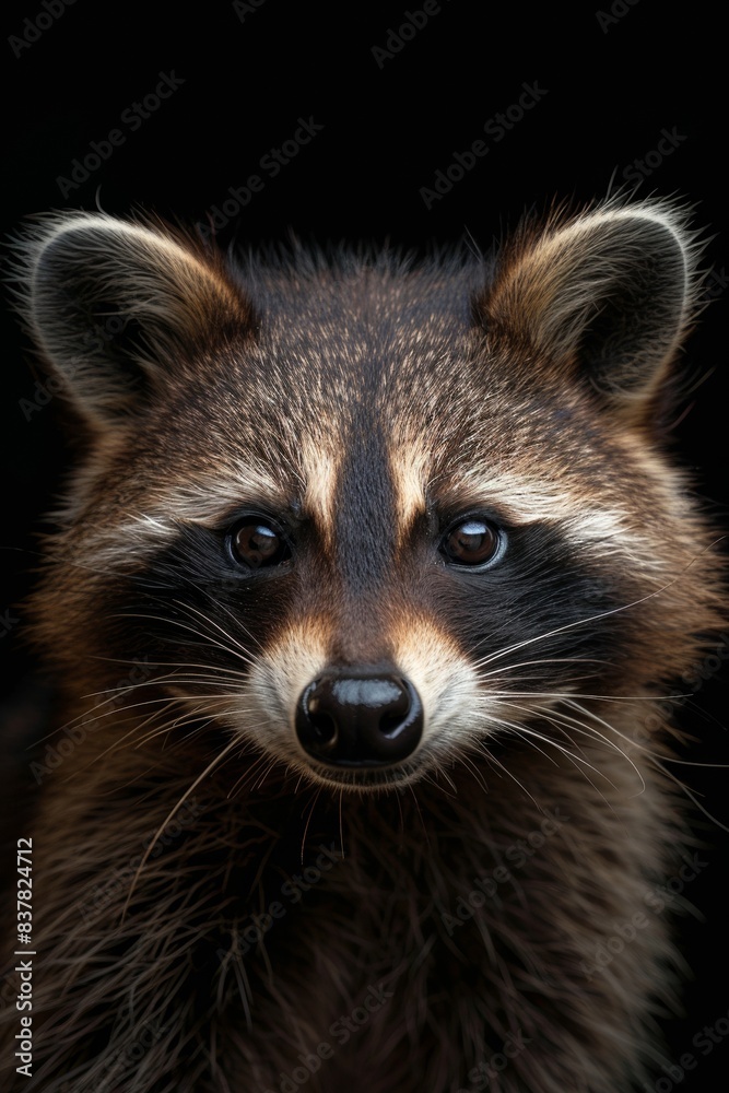 Mystic portrait of Cozumel Raccoon in studio, copy space on right side, Anger, Menacing, Headshot, Close-up View Isolated on black background Mystic portrait of Cozumel Raccoon in studio, copy space on right side, Anger, Menacing, Headshot, Close-up View Isolated on black background