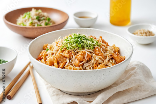 Closeup of a bowl of chicken and bean sprouts with sesame seeds and green onions