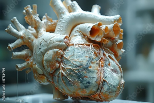 Closeup of a preserved human heart, showcasing detailed anatomy and intricate vascular structures in a laboratory setting. photo