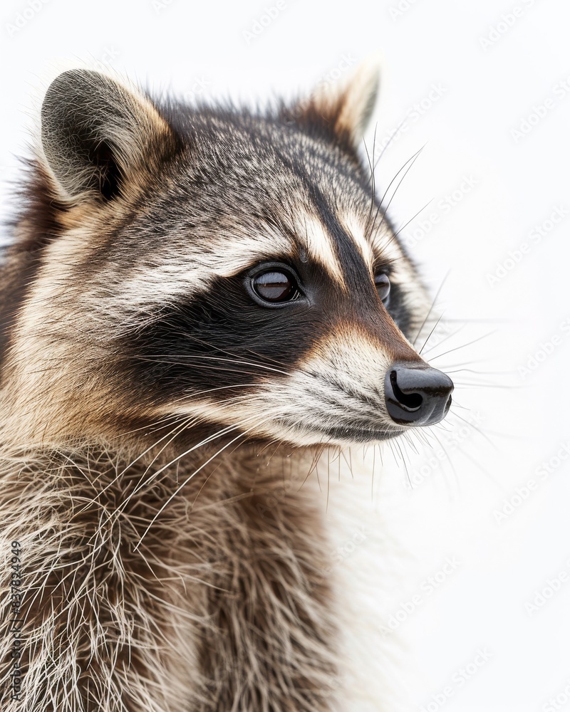 Mystic portrait of Crab-eating Raccoon , copy space on right side, Anger, Menacing, Headshot, Close-up View Isolated on white background Mystic portrait of Crab-eating Raccoon , copy space on right side, Anger, Menacing, Headshot, Close-up View Isolated on white background