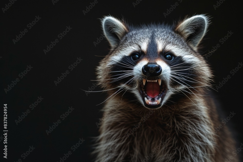 Mystic portrait of Crab-eating Raccoon in studio, copy space on right side, Anger, Menacing, Headshot, Close-up View Isolated on black background Mystic portrait of Crab-eating Raccoon in studio, copy space on right side, Anger, Menacing, Headshot, Close-up View Isolated on black background