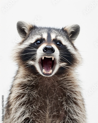 Mystic portrait of Crab-eating Raccoon , copy space on right side, Anger, Menacing, Headshot, Close-up View Isolated on white background © Tebha Workspace