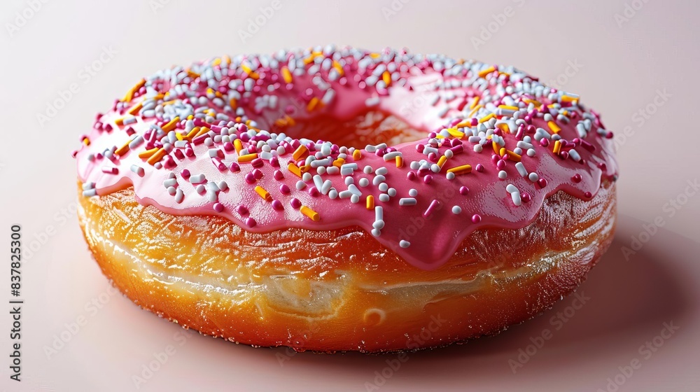 Delicious glazed donut with pink frosting and colorful sprinkles, placed on a soft pink background. Perfect image for bakery promotions. Delicious glazed donut with pink frosting and colorful sprinkles, placed on a soft pink background. Perfect image for bakery promotions.
