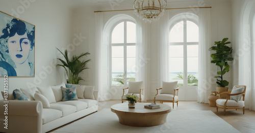 Bright and airy living room with large arched windows and sea views, complete with stylish furniture and elegant artwork - ideal for relaxing and unwinding