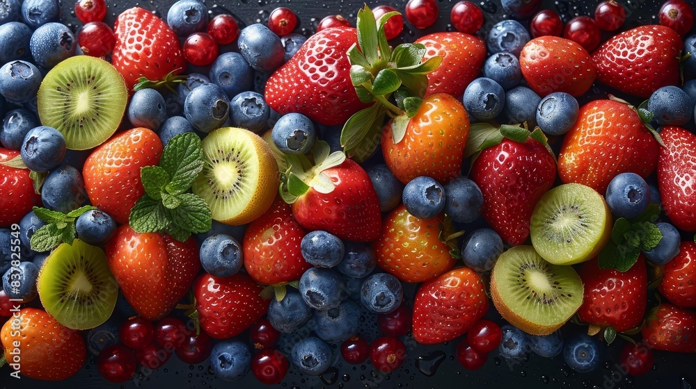 Obraz premium Fresh assorted fruits including strawberries, blueberries, and kiwi slices arranged creatively for a vibrant and healthy display.
