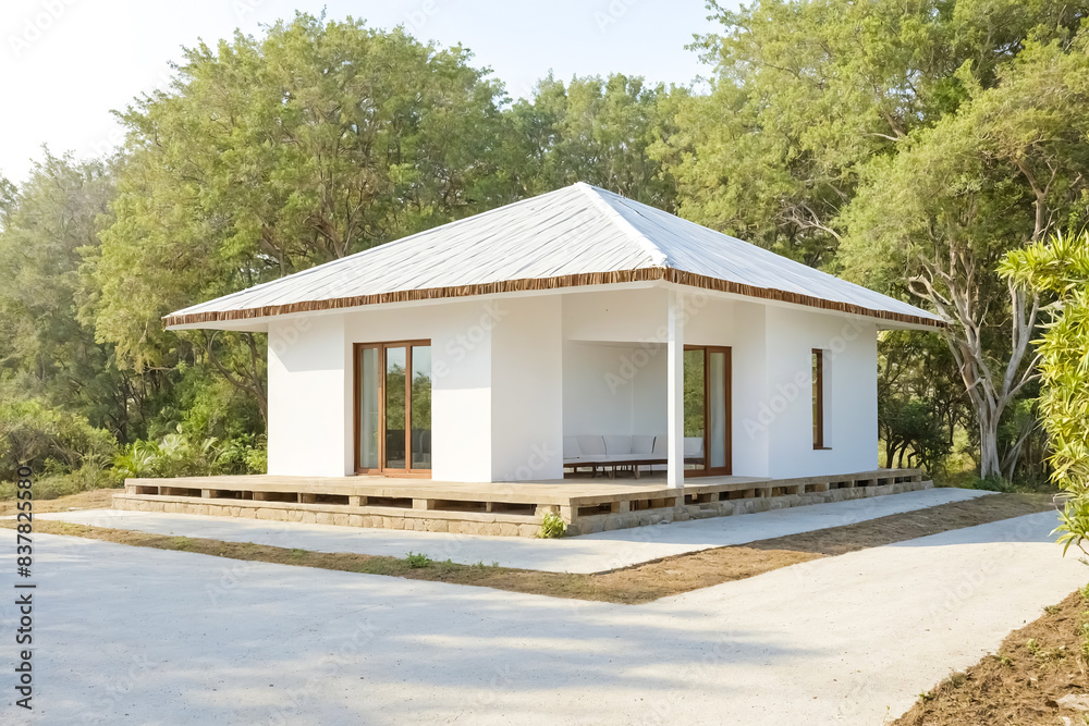 Modern White House with Wooden Trim and Open Porch in a Lush Green Forest Modern White House with Wooden Trim and Open Porch in a Lush Green Forest