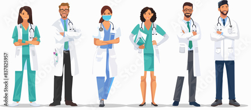 Set of doctors and nurses on a white background.