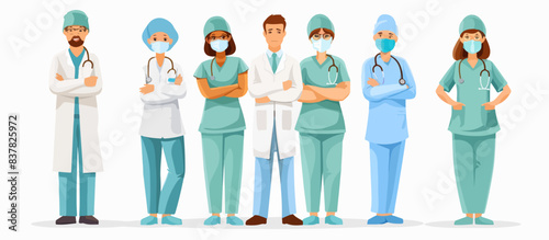Set of doctors and nurses on a white background.