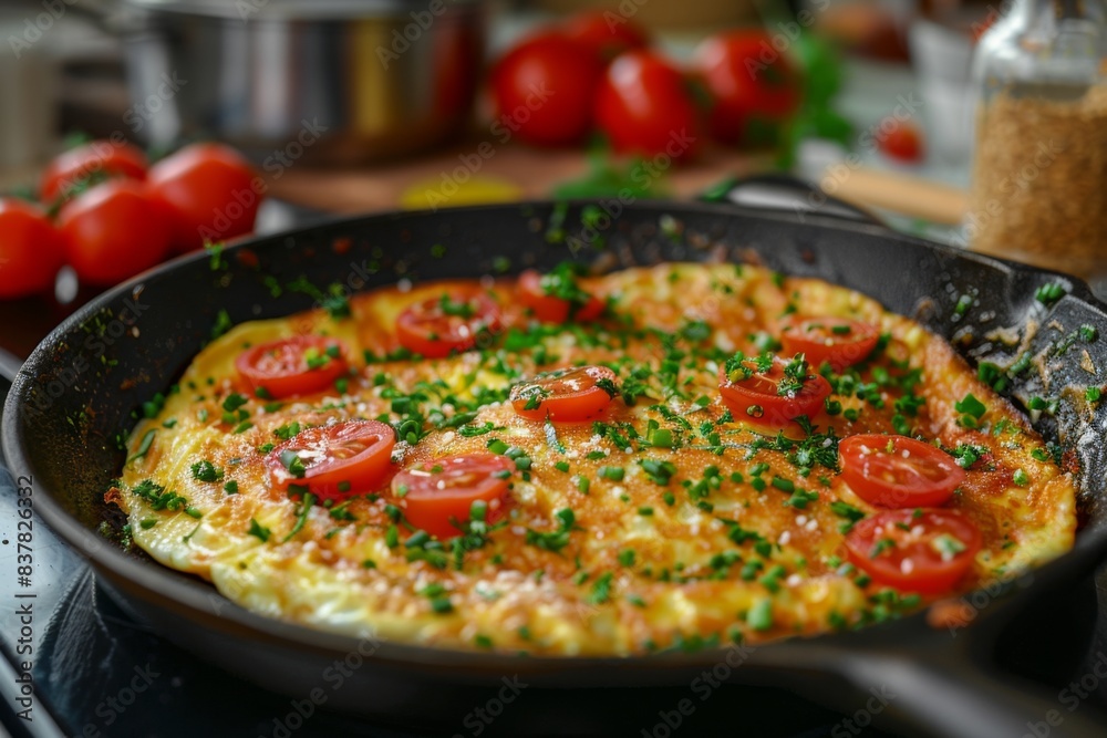 Cooking omelet with tomatoes and cheese on stove