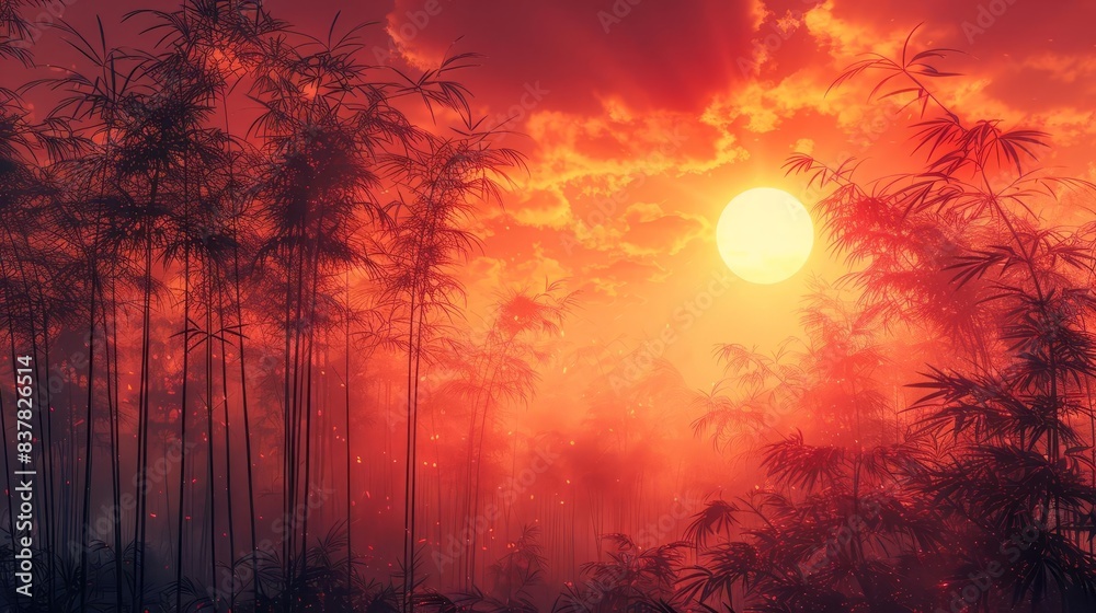 Sunset in a misty bamboo forest, with the sky painted in vibrant shades of orange and red creating a serene and mystical atmosphere. Sunset in a misty bamboo forest, with the sky painted in vibrant shades of orange and red creating a serene and mystical atmosphere.