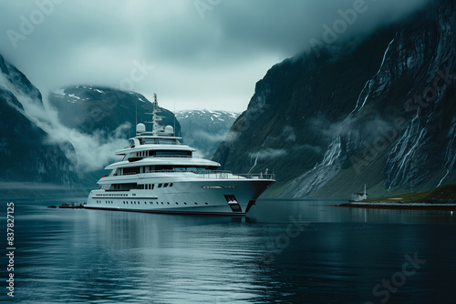 A classic looking mega yacht, in a fjord