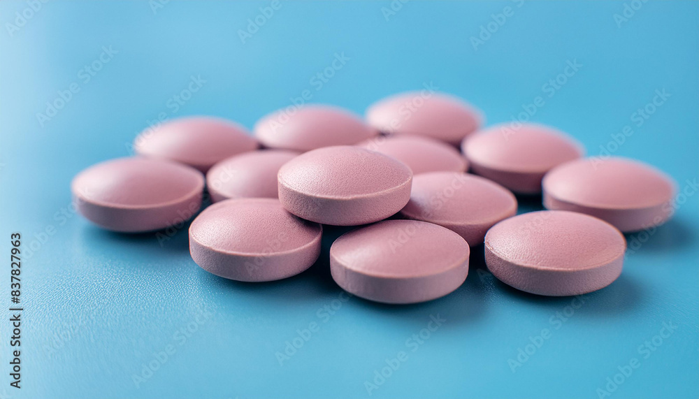 Blue pills on pink background. Pharmaceutical product. Pain medications. Analgesic drug. Blue pills on pink background. Pharmaceutical product. Pain medications. Analgesic drug.