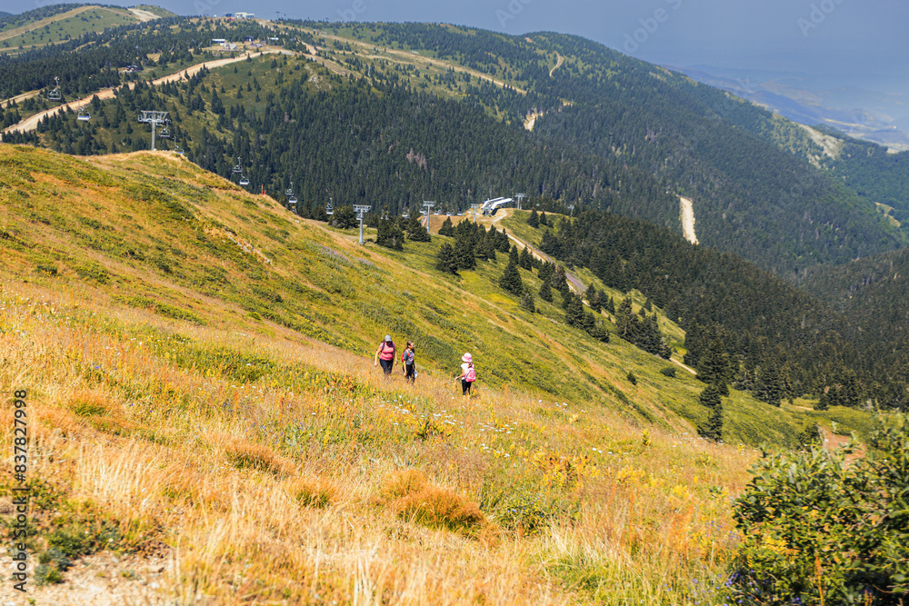  Family Immersed In The Rugged Beauty Of The Mountainous Landscape. Against The Backdrop Of Grass-covered Slopes And Distant Peaks, They Embark On A Shared Journey, Seasoned Hikers