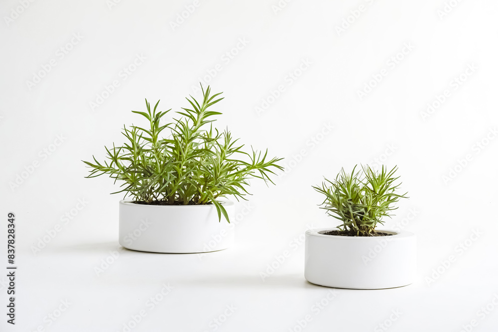Two Green Plants in White Pots on White Background Two Green Plants in White Pots on White Background