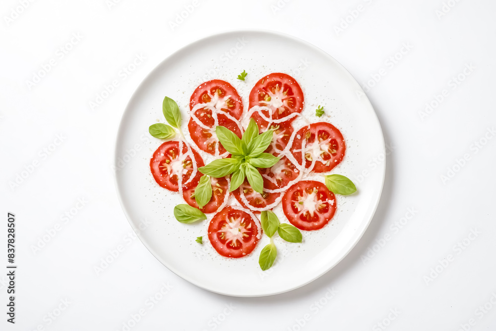 Tomato and Basil Salad on White Plate Tomato and Basil Salad on White Plate