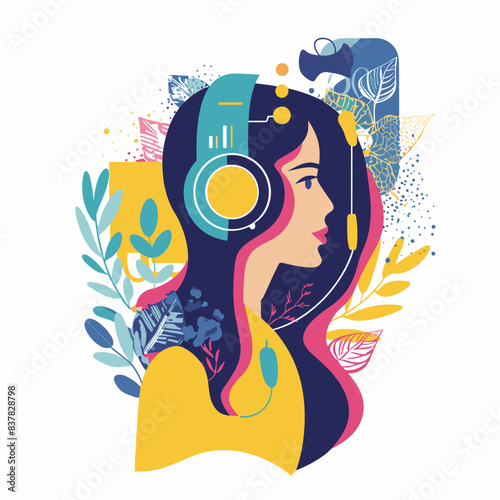 Profile young woman wearing headphones surrounded abstract floral elements. Colorful musicthemed artistic portrait depicting female flora fauna. Modern digital artwork listener botanical motifs