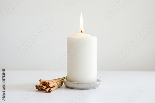 White candle burning on a white surface
