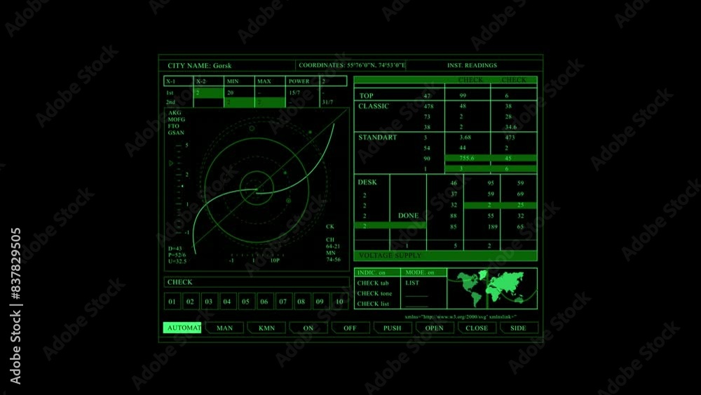 Monitor display with world map and  green data with infographic elements on black background