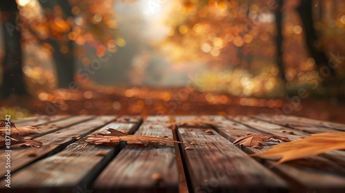 The empty wooden table top with blur background of autumn. Exuberant image. Generative ai