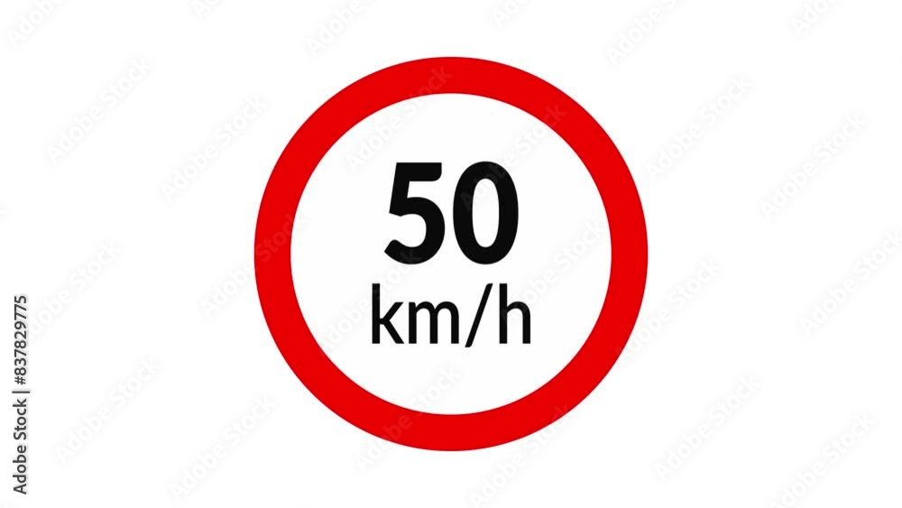 50 kmh speed limit road sign icon animation on white background