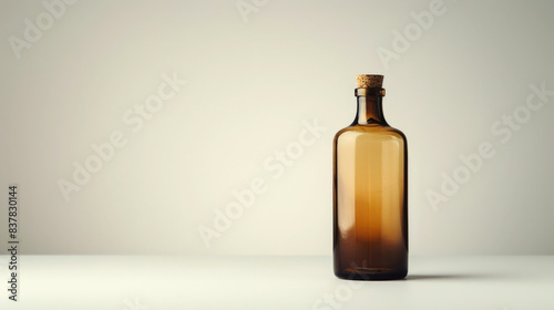 Transparent Amber Glass Bottle on White Background