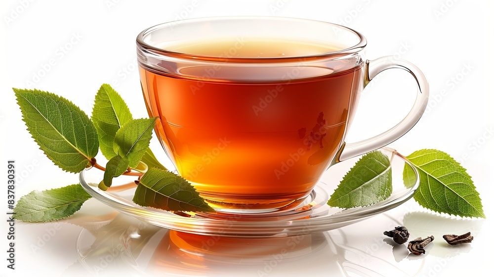 A clear glass cup filled with freshly brewed black tea, accompanied by green leaves and small tea blossoms on a white background. A clear glass cup filled with freshly brewed black tea, accompanied by green leaves and small tea blossoms on a white background.