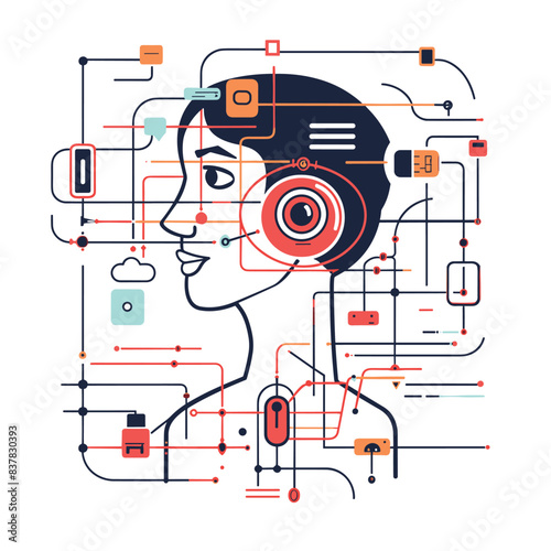 Side profile stylized female figure interconnected technology. Abstract representation woman digital concepts. Features circuits, data flow, tech elements integrated human head