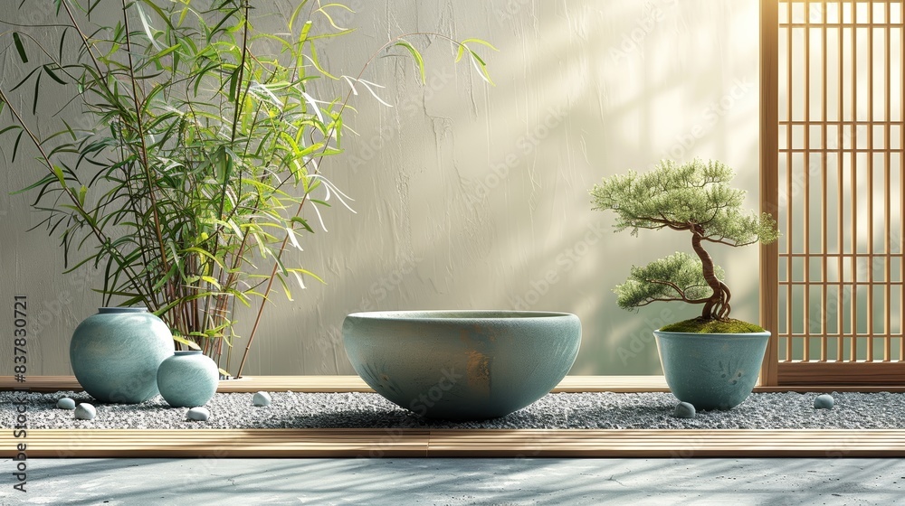 A serene Zen garden scene with ceramic pots, a bonsai tree, and bamboo plants, evoking tranquility and calmness. A serene Zen garden scene with ceramic pots, a bonsai tree, and bamboo plants, evoking tranquility and calmness.