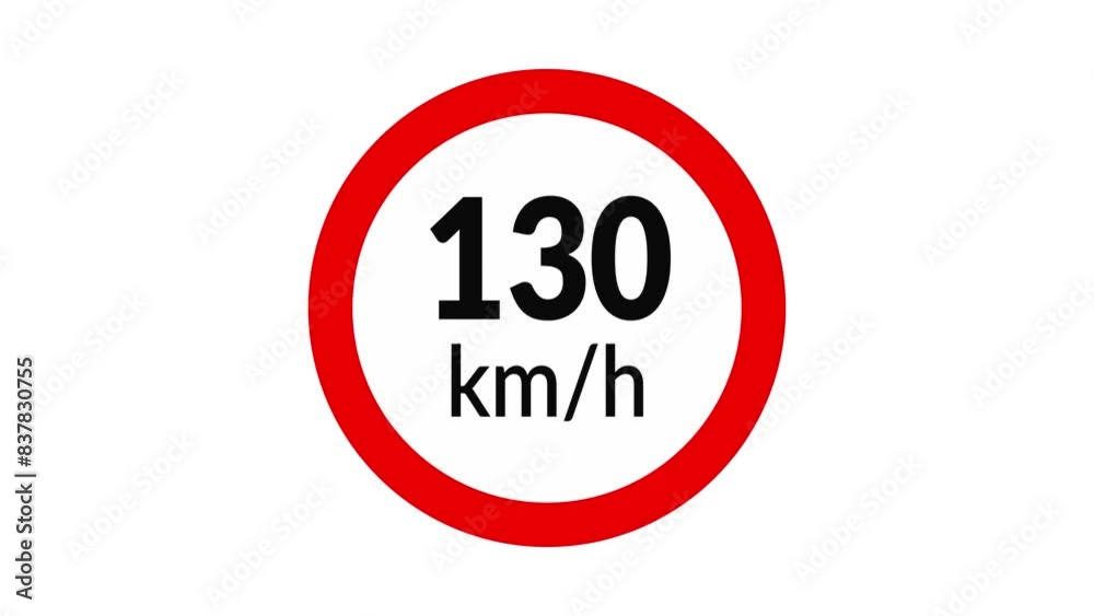 130 kmh speed limit road sign icon animation on white background 130 kmh speed limit road sign icon animation on white background