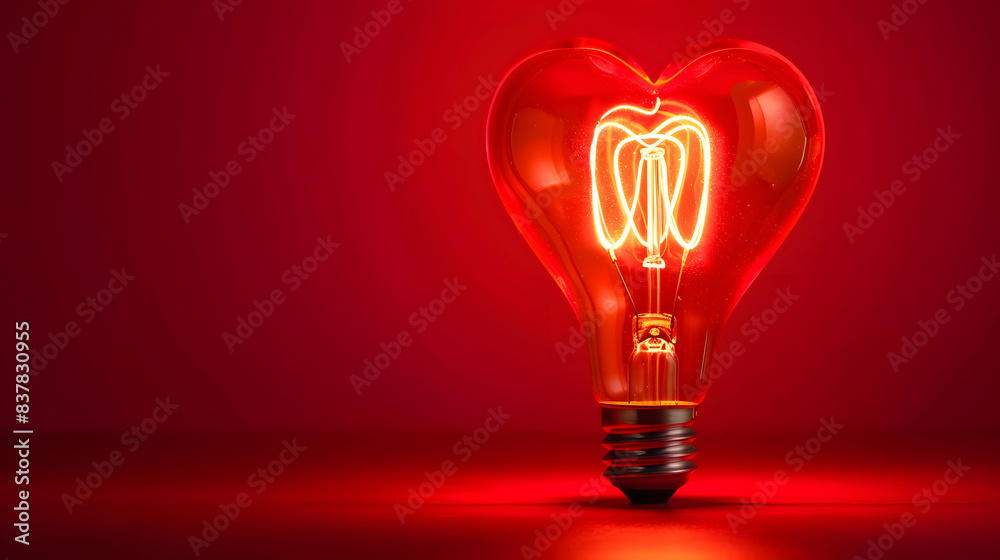Light bulb with a heart shape glowing filament on a red background, Valentine day concept Light bulb with a heart shape glowing filament on a red background, Valentine day concept