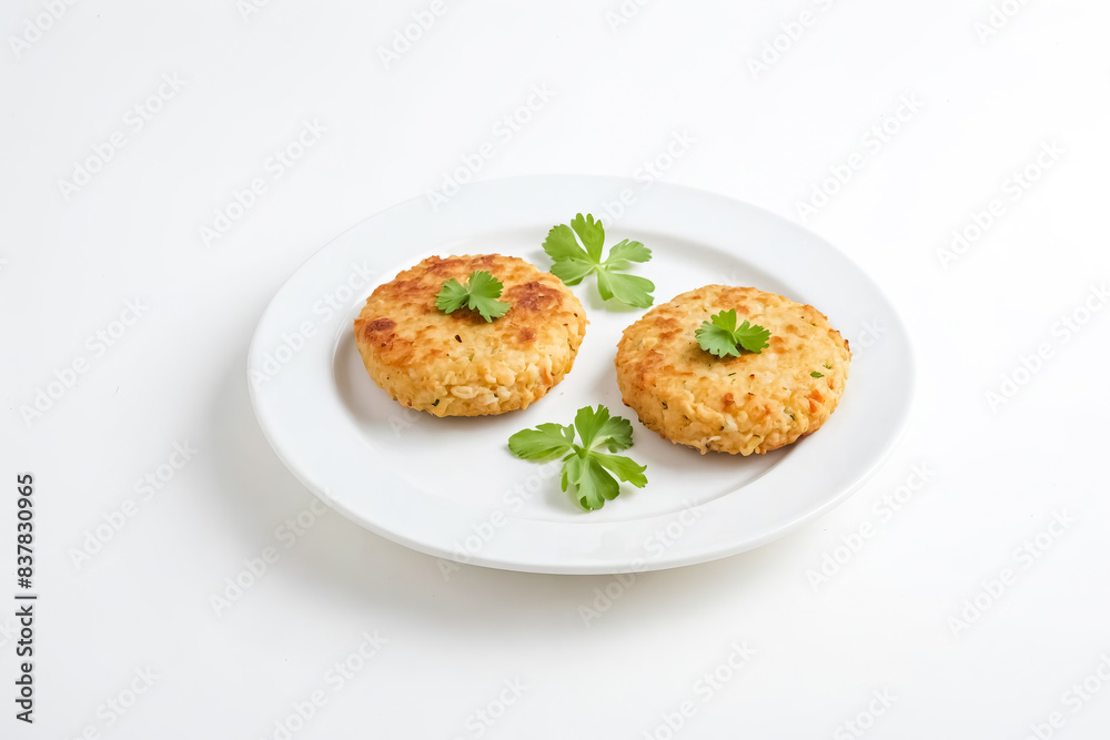 Two Crispy Rice Cakes with Parsley Garnish on a White Plate Two Crispy Rice Cakes with Parsley Garnish on a White Plate