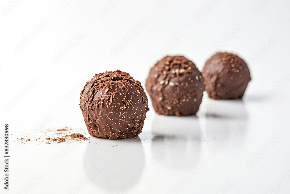 Closeup of three chocolate truffles on a white background Closeup of three chocolate truffles on a white background