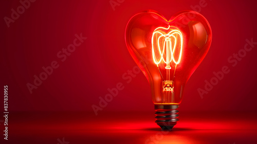 Light bulb with a heart shape glowing filament on a red background, Valentine day concept